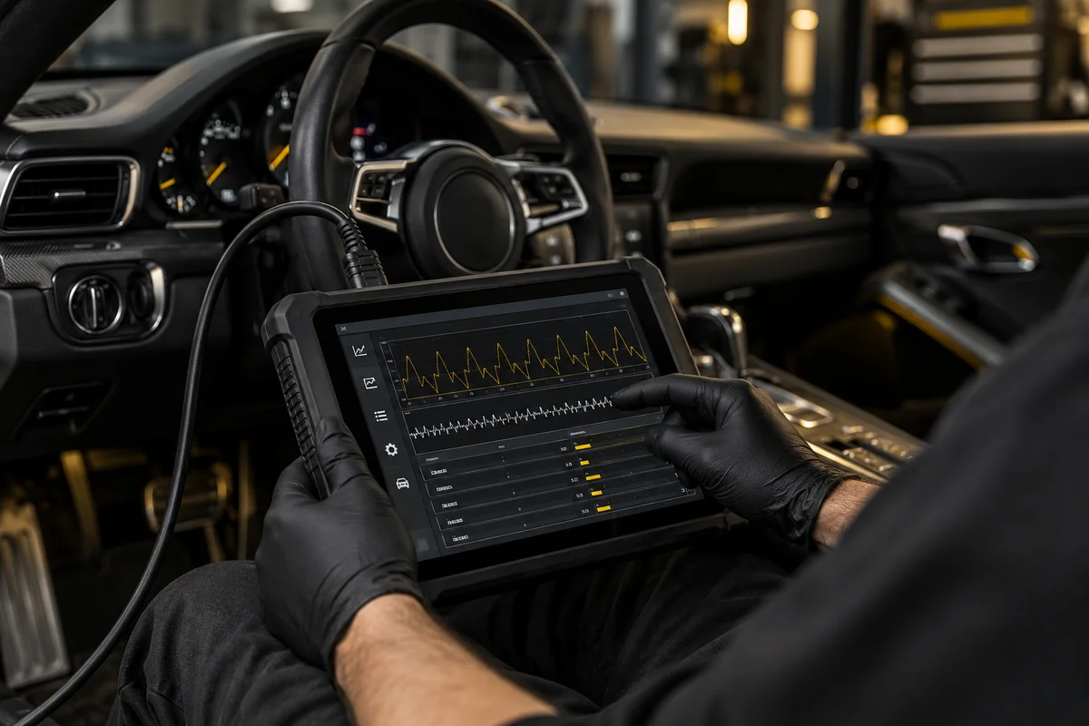 Illustrative technician using a diagnostic tablet in a vehicle