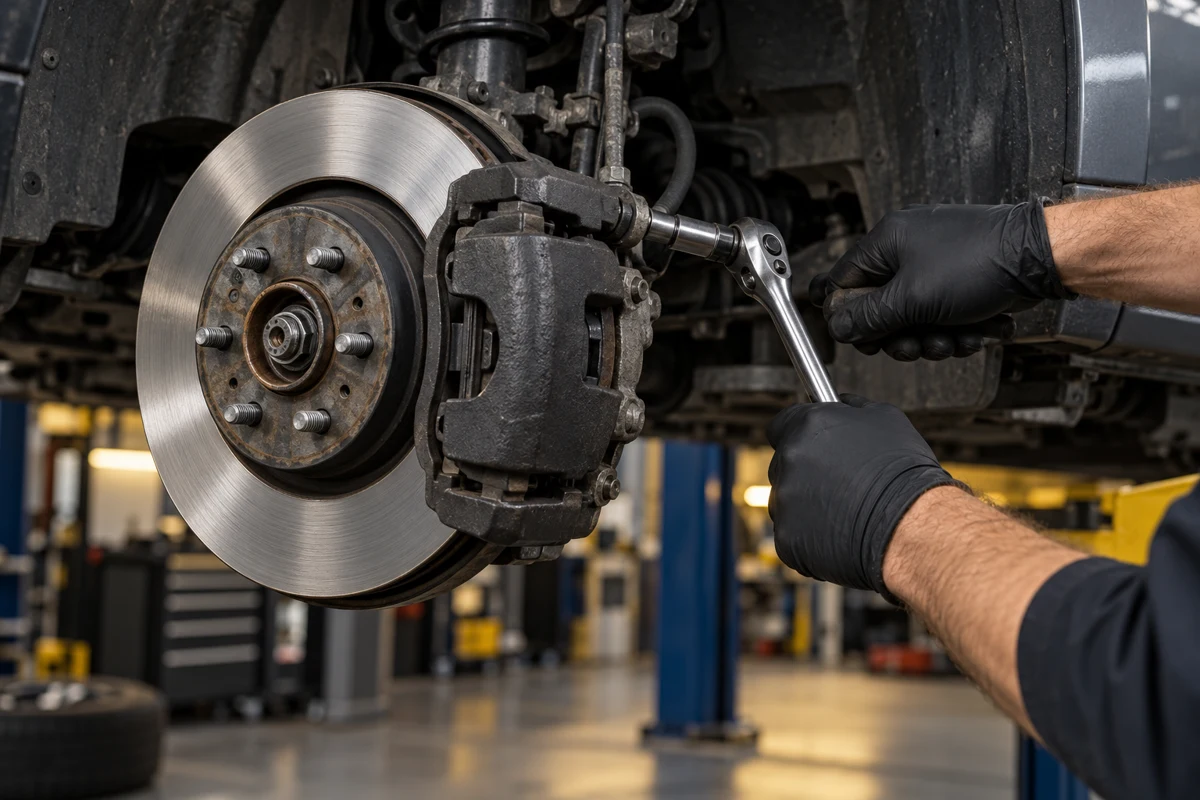 Illustrative brake repair with a mechanic’s gloved hands