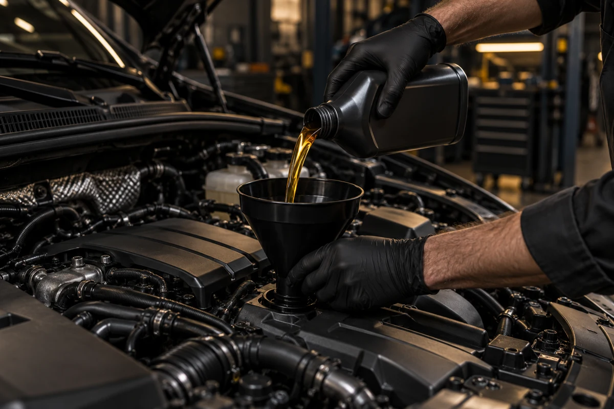 Illustrative oil service in a vehicle workshop